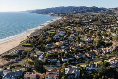 Aerial view of coastal homes in Pacific Palisades, Los Angeles.