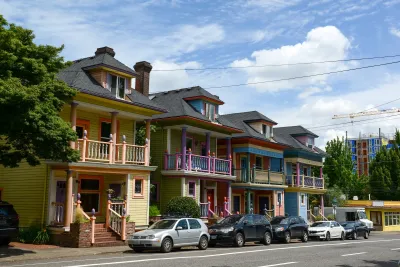 Colorful two-story historic homes in Portland, Oregon.