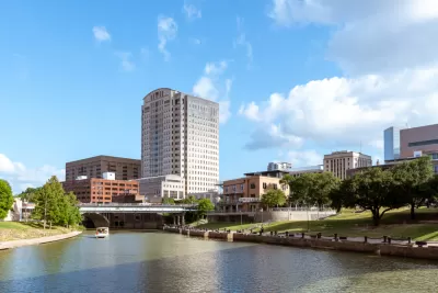 View of Houston buildings over White Oak Bayou