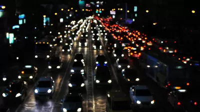 Blurred night view of gridlocked traffic on freeway