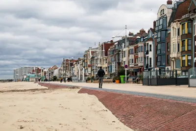 Three-story homes along beach in Dunkirk, France.
