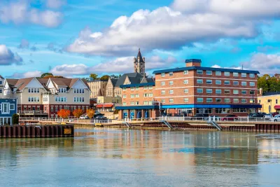 View of Port Washington, Wisconsin buildings on lakeshore.