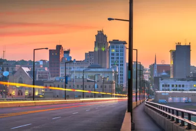 Sunset view of downtown Youngstown, Ohio over a bridge