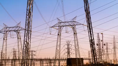 Power lines and towers at a substation