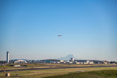 Runway and plane taking off at Paine Field, Everett, Washington