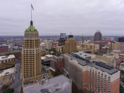 Aerial view of downtown San Antonio with Tower Life Building in foreground