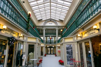 Interior of two-story The Arcade Greek-style mall with glass arcade roof in Providence, Rhode Island.
