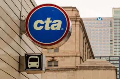 Round sign on building with white CTA logo on blue background