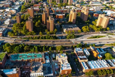 Aerial view of traffic on road and buildings in the Bronx, New York City