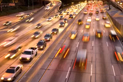 Freeway traffic at dusk in downtown Los Angeles, California