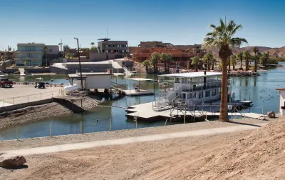 A lake harbor with white boats in Martinez Lake, Arizona.