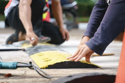 Close-up of people;s hands installing black and yellow road hump.