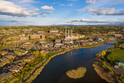 Aerial view of Bend, Oregon with river and old mill district