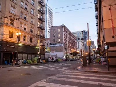 Street in San Francisco's Tenderloin District with tents on sidewalk
