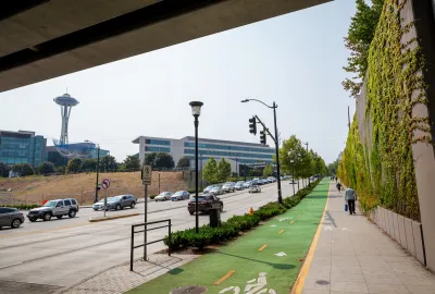 Green painted and protected bike lane in Seattle, Washington.