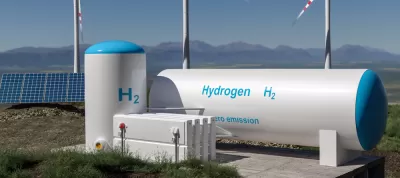 Rendering of hydrogen storage tank with solar panels in background