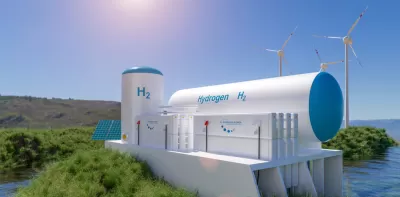 3D rendering of a hydrogen storage facility with wind turbines in background