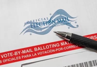 Close-up of vote-by-mail ballot with pen
