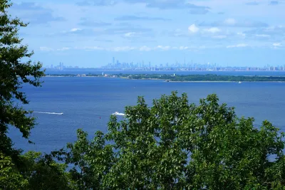 View of New York City skyline in distance from across Raritan Bay in Highlands, New Jersey.