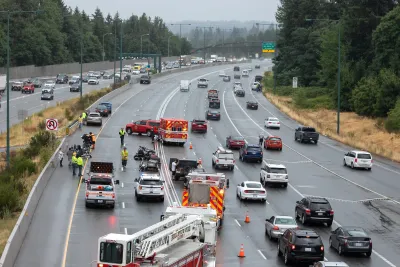 Traffic crash on wide roadway surrounded by emergency responder vehicles and traffic passing by.