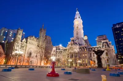 View of Philadelphia City Hall building at sunset
