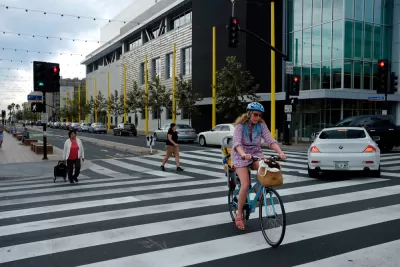 Crosswalk with cyclist and pedestrians in Santa Monica, California