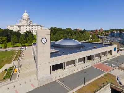 A aerial view of a train station in Providence, Rhode Island.