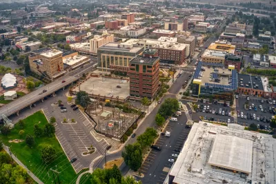 Aerial view of buildings and parking lots in Missoula, Montana