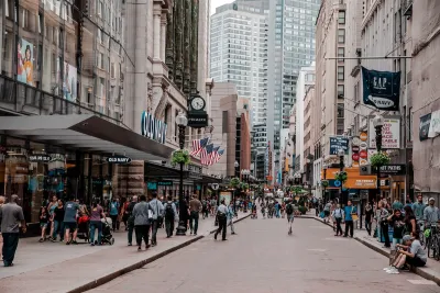Busy pedestrian street in downtown Boston, Massachusetts.