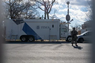 A member of the National Guard stands in front of a FEMA truck on January 19, 2021 in Washington D.C.
