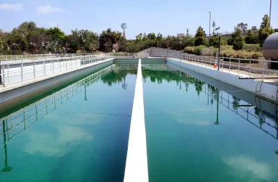 Two long concrete basins at Irvine Ranch Water District Chlorine Contact Basin