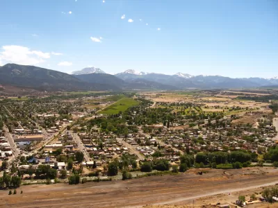 Aerial view of Salida, Colorado with mountains in background