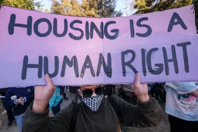 Protester at Echo Park Lake, Los Angeles holding sign that says "Housing is a human right"