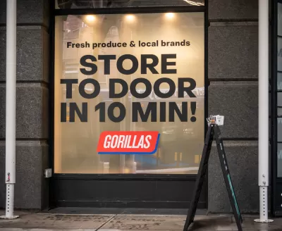 Storefront window for Gorillas fast-delivery store in New York City "Store to door in 10 min!"