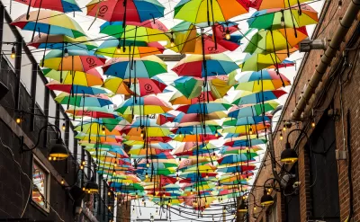 Colorful umbrellas over an alleyway in RiNo Arts District, Denver, Colorado