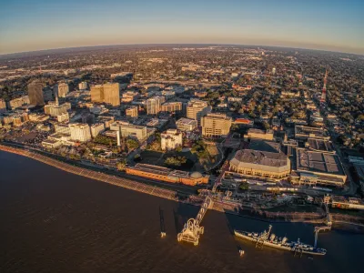 Aerial of downtown Baton Rouge, Louisiana ext to Mississippi River.