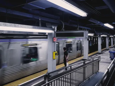 Subway station with silver trains in Phialdelphia, Pennsylvania.