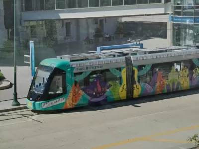 Kansas City streetcar with colorful wrap at Union Station