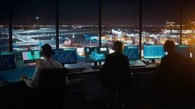 Three air traffic controllers sitting at their desks in a control tower at night.