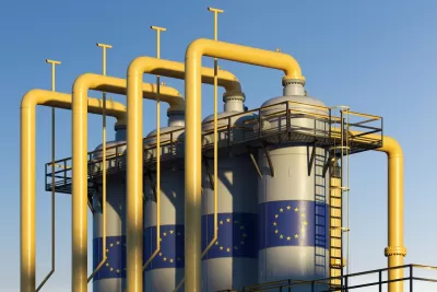 Four natural gas storage tanks with European Union flag logos