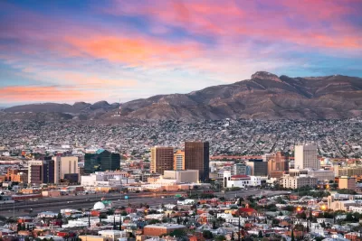 Aerial view of downtown El Paso, Texas with mountains in background