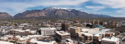 Aerial view of Ogden, Utah with Wasatch Mountains in the background