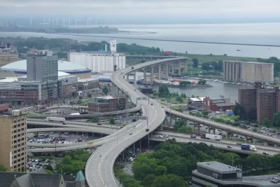 Aerial view of elevated Buffalo Skyway freeway in Buffalo, New York