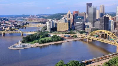 Aerial view of Pittsburgh downtown and the redevelopment of the 28