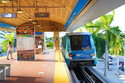 Metromover light rail train at station in Miami,Florida.