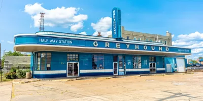 Vacant vintage Streamline Moderne blue and white Greyhound station in Jackson, Tennessee
