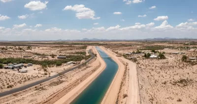 Aerial view of Central Arizona Project water canal through desert landscape