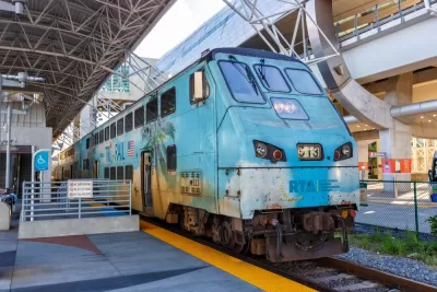 Tri-Rail commuter rail train at Miami International Airport railway station in Florida, United States.