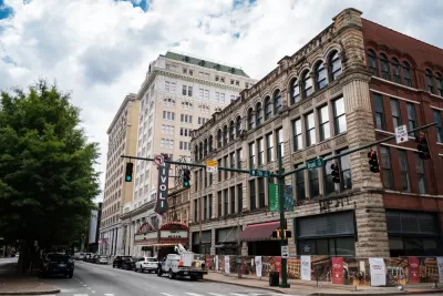 View of street in Chattanooga, Tennessee with vintage buildings