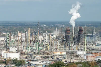 Aerial of large oil refinery.